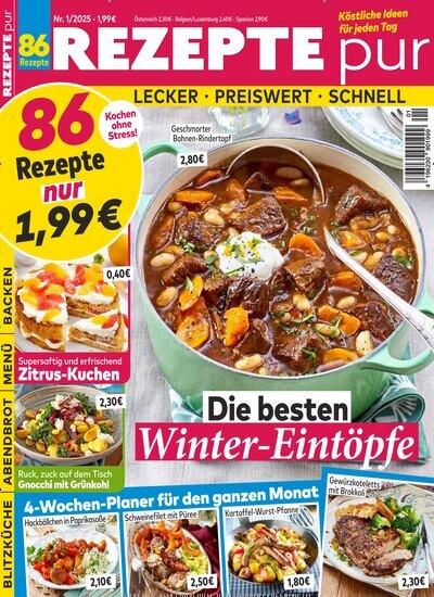 Titelbild der Ausgabe 1/2025 von Rezepte pur. Diese Zeitschrift und viele weitere Kochzeitschriften und Backzeitschriften als Abo oder epaper bei United Kiosk online kaufen.