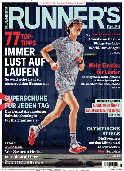 Titelbild der Ausgabe 8/2024 von Runners World. Diese Zeitschrift und viele weitere Sportmagazine als Abo oder epaper bei United Kiosk online kaufen.