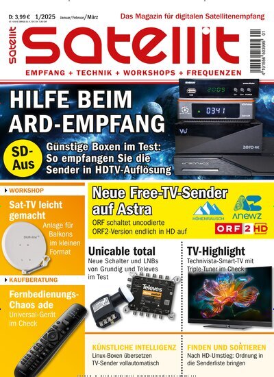 Titelbild der Ausgabe 1/2025 von Satellit Empfang + Technik. Diese Zeitschrift und viele weitere Audiomagazine, Filmmagazine und Fotozeitschriften als Abo oder epaper bei United Kiosk online kaufen.