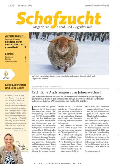 Titelbild der Ausgabe 2/2025 von Schafzucht. Diese Zeitschrift und viele weitere Naturzeitschriften, Landwirtschaftszeitungen und Umweltmagazine als Abo oder epaper bei United Kiosk online kaufen.