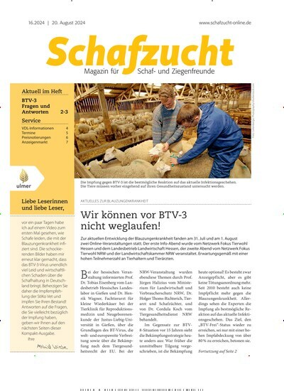 Titelbild der Ausgabe 16/2024 von Schafzucht. Diese Zeitschrift und viele weitere Naturzeitschriften, Landwirtschaftszeitungen und Umweltmagazine als Abo oder epaper bei United Kiosk online kaufen.