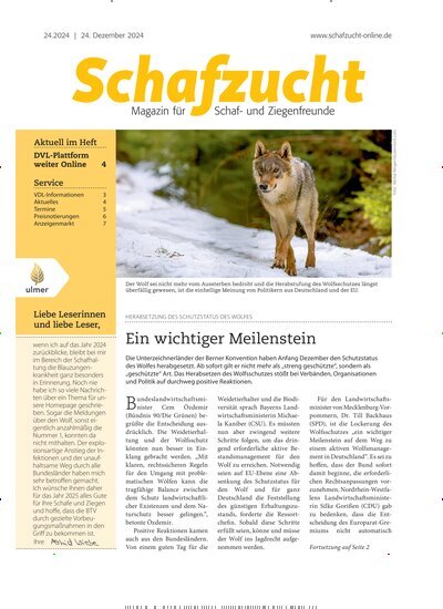 Titelbild der Ausgabe 24/2024 von Schafzucht. Diese Zeitschrift und viele weitere Naturzeitschriften, Landwirtschaftszeitungen und Umweltmagazine als Abo oder epaper bei United Kiosk online kaufen.