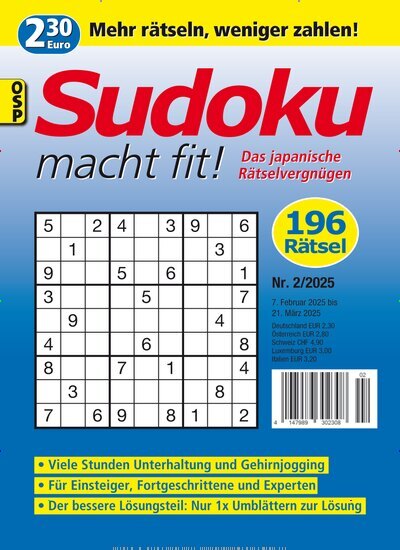 Titelbild der Ausgabe 2/2025 von Sudoku macht fit. Diese Zeitschrift und viele weitere Groschenromane und Rätselhefte als Abo oder epaper bei United Kiosk online kaufen.