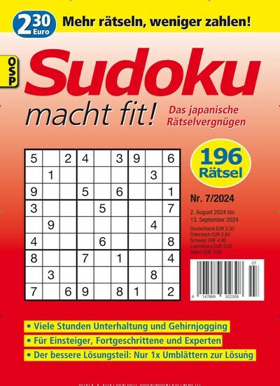 Titelbild der Ausgabe 7/2024 von Sudoku macht fit. Diese Zeitschrift und viele weitere Groschenromane und Rätselhefte als Abo oder epaper bei United Kiosk online kaufen.