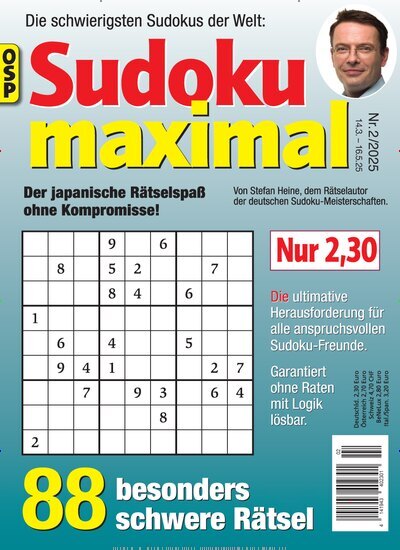 Titelbild der Ausgabe 2/2025 von Sudoku Maximal. Diese Zeitschrift und viele weitere Groschenromane und Rätselhefte als Abo oder epaper bei United Kiosk online kaufen.