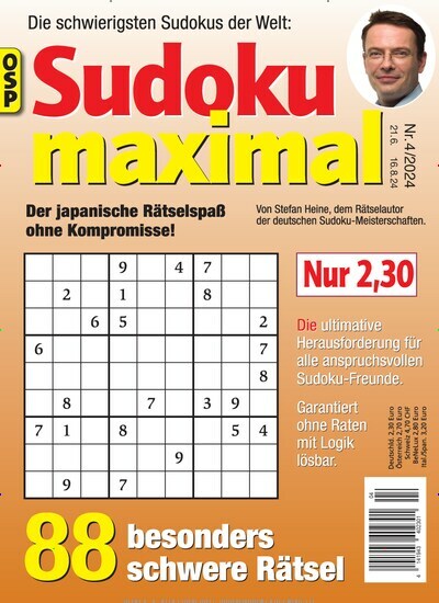 Titelbild der Ausgabe 4/2024 von Sudoku Maximal. Diese Zeitschrift und viele weitere Groschenromane und Rätselhefte als Abo oder epaper bei United Kiosk online kaufen.