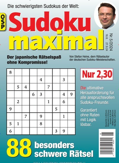 Titelbild der Ausgabe 5/2024 von Sudoku Maximal. Diese Zeitschrift und viele weitere Groschenromane und Rätselhefte als Abo oder epaper bei United Kiosk online kaufen.