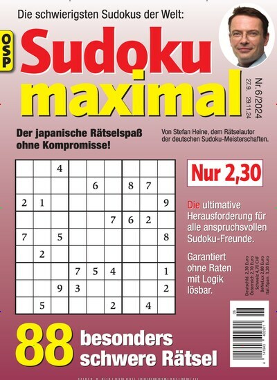 Titelbild der Ausgabe 6/2024 von Sudoku Maximal. Diese Zeitschrift und viele weitere Groschenromane und Rätselhefte als Abo oder epaper bei United Kiosk online kaufen.