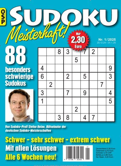 Titelbild der Ausgabe 1/2025 von Sudoku Meisterhaft. Diese Zeitschrift und viele weitere Groschenromane und Rätselhefte als Abo oder epaper bei United Kiosk online kaufen.