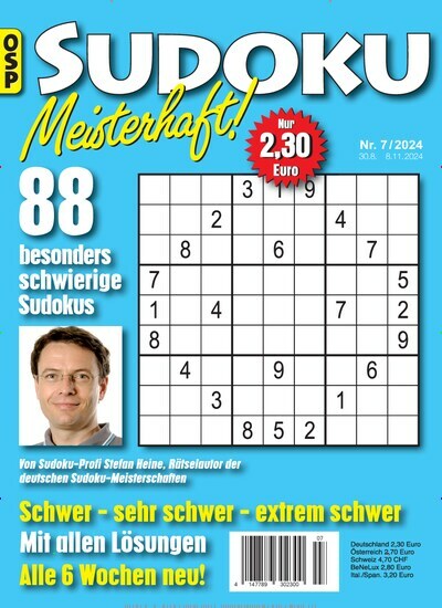 Titelbild der Ausgabe 7/2024 von Sudoku Meisterhaft. Diese Zeitschrift und viele weitere Groschenromane und Rätselhefte als Abo oder epaper bei United Kiosk online kaufen.