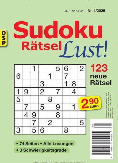 Titelbild der Ausgabe 1/2025 von Sudoku Rätsel Lust. Diese Zeitschrift und viele weitere Groschenromane und Rätselhefte als Abo oder epaper bei United Kiosk online kaufen.