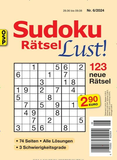 Titelbild der Ausgabe 6/2024 von Sudoku Rätsel Lust. Diese Zeitschrift und viele weitere Groschenromane und Rätselhefte als Abo oder epaper bei United Kiosk online kaufen.
