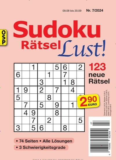 Titelbild der Ausgabe 7/2024 von Sudoku Rätsel Lust. Diese Zeitschrift und viele weitere Groschenromane und Rätselhefte als Abo oder epaper bei United Kiosk online kaufen.