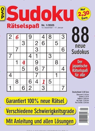 Titelbild der Ausgabe 1/2025 von Sudoku Rätselspaß. Diese Zeitschrift und viele weitere Groschenromane und Rätselhefte als Abo oder epaper bei United Kiosk online kaufen.