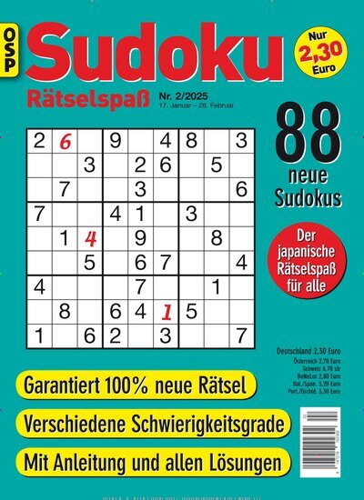 Titelbild der Ausgabe 2/2025 von Sudoku Rätselspaß. Diese Zeitschrift und viele weitere Groschenromane und Rätselhefte als Abo oder epaper bei United Kiosk online kaufen.