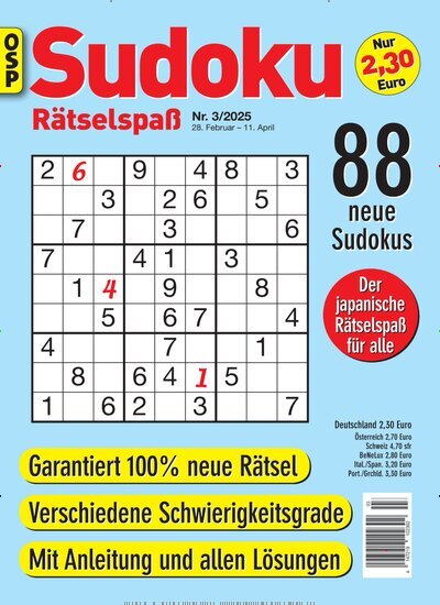 Titelbild der Ausgabe 3/2025 von Sudoku Rätselspaß. Diese Zeitschrift und viele weitere Groschenromane und Rätselhefte als Abo oder epaper bei United Kiosk online kaufen.