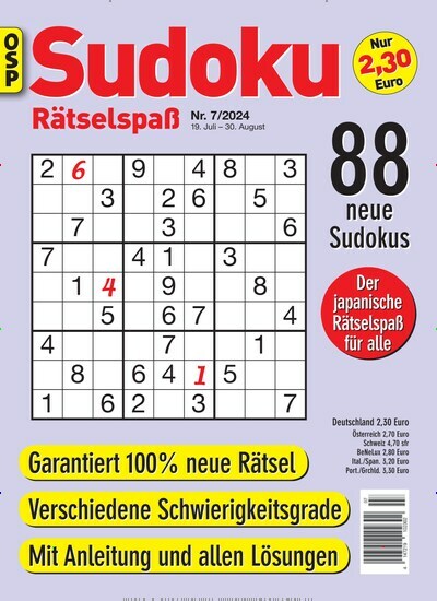 Titelbild der Ausgabe 7/2024 von Sudoku Rätselspaß. Diese Zeitschrift und viele weitere Groschenromane und Rätselhefte als Abo oder epaper bei United Kiosk online kaufen.