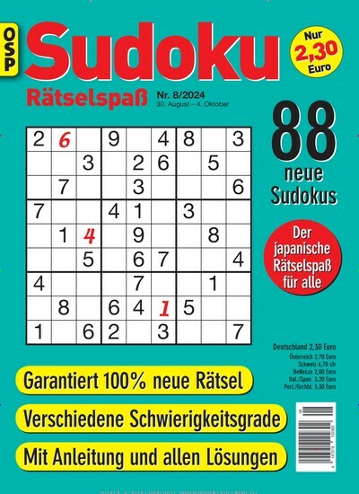 Titelbild der Ausgabe 8/2024 von Sudoku Rätselspaß. Diese Zeitschrift und viele weitere Groschenromane und Rätselhefte als Abo oder epaper bei United Kiosk online kaufen.