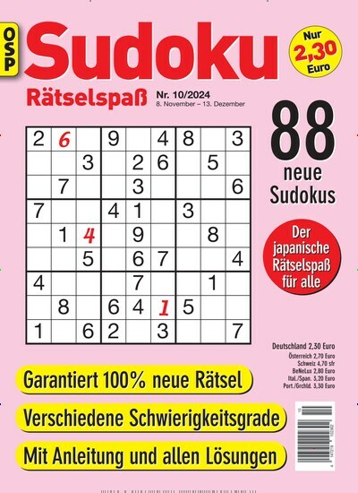 Titelbild der Ausgabe 10/2024 von Sudoku Rätselspaß. Diese Zeitschrift und viele weitere Groschenromane und Rätselhefte als Abo oder epaper bei United Kiosk online kaufen.