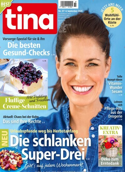 Titelbild der Ausgabe 37/2024 von tina. Diese Zeitschrift und viele weitere Frauenzeitschriften als Abo oder epaper bei United Kiosk online kaufen.