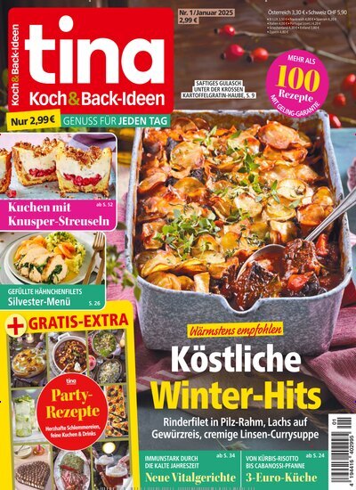 Titelbild der Ausgabe 1/2025 von Tina Koch & Backideen. Diese Zeitschrift und viele weitere Kochzeitschriften und Backzeitschriften als Abo oder epaper bei United Kiosk online kaufen.