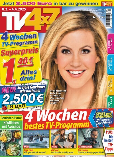 Titelbild der Ausgabe 4/2025 von TV 4x7. Diese Zeitschrift und viele weitere Programmzeitschriften als Abo oder epaper bei United Kiosk online kaufen.