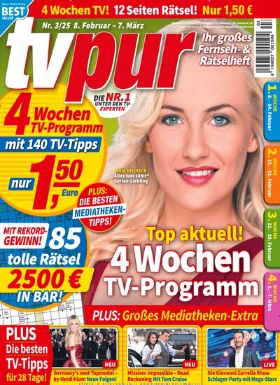 Titelbild der Ausgabe 3/2025 von TV pur. Diese Zeitschrift und viele weitere Programmzeitschriften als Abo oder epaper bei United Kiosk online kaufen.