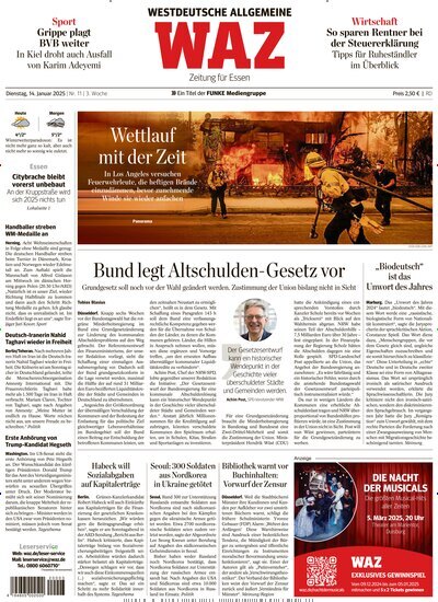 Titelbild der Ausgabe 11/2025 von WAZ Westdeutsche Allgemeine Zeitung. Diese Zeitschrift und viele weitere Zeitungsabos als Abo oder epaper bei United Kiosk online kaufen.