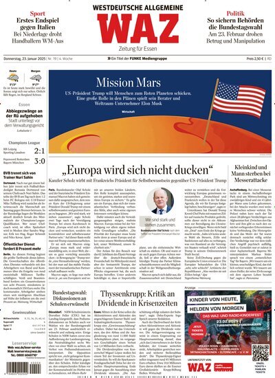 Titelbild der Ausgabe 19/2025 von WAZ Westdeutsche Allgemeine Zeitung. Diese Zeitschrift und viele weitere Zeitungsabos als Abo oder epaper bei United Kiosk online kaufen.