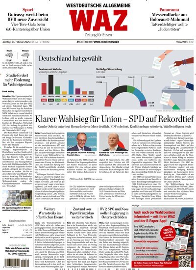 Titelbild der Ausgabe 46/2025 von WAZ Westdeutsche Allgemeine Zeitung. Diese Zeitschrift und viele weitere Zeitungsabos als Abo oder epaper bei United Kiosk online kaufen.