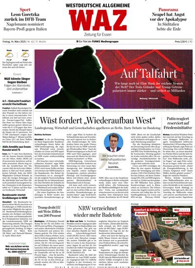 Titelbild der Ausgabe 62/2025 von WAZ Westdeutsche Allgemeine Zeitung. Diese Zeitschrift und viele weitere Zeitungsabos als Abo oder epaper bei United Kiosk online kaufen.