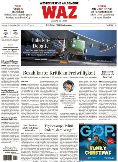 Titelbild der Ausgabe 271/2024 von WAZ Westdeutsche Allgemeine Zeitung. Diese Zeitschrift und viele weitere Zeitungsabos als Abo oder epaper bei United Kiosk online kaufen.