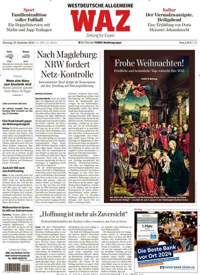 Titelbild der Ausgabe 301/2024 von WAZ Westdeutsche Allgemeine Zeitung. Diese Zeitschrift und viele weitere Zeitungsabos als Abo oder epaper bei United Kiosk online kaufen.