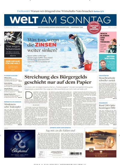 Titelbild der Ausgabe 2/2025 von Welt am Sonntag Gesamt Frühausgabe. Diese Zeitschrift und viele weitere Zeitungsabos als Abo oder epaper bei United Kiosk online kaufen.