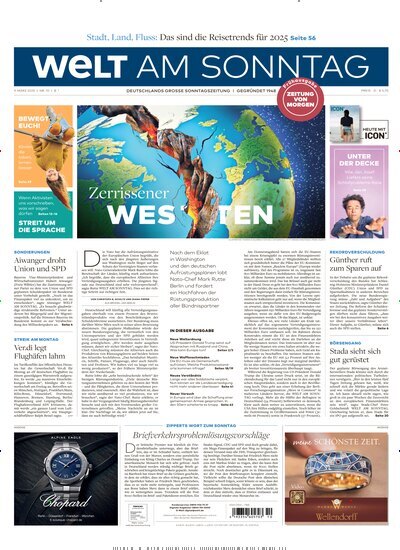 Titelbild der Ausgabe 10/2025 von Welt am Sonntag Gesamt Frühausgabe. Diese Zeitschrift und viele weitere Zeitungsabos als Abo oder epaper bei United Kiosk online kaufen.