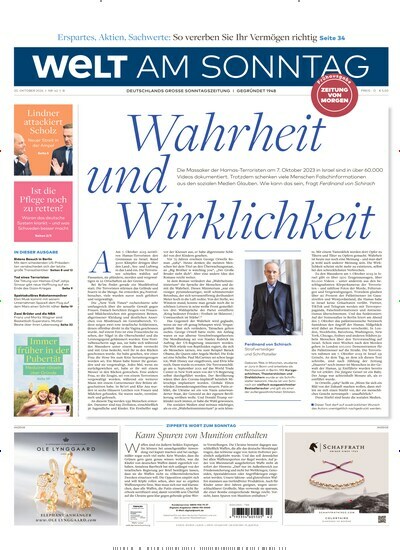 Titelbild der Ausgabe 42/2024 von Welt am Sonntag Gesamt Frühausgabe. Diese Zeitschrift und viele weitere Zeitungsabos als Abo oder epaper bei United Kiosk online kaufen.