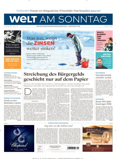 Titelbild der Ausgabe 2/2025 von Welt am Sonntag Gesamtausgabe. Diese Zeitschrift und viele weitere Zeitungsabos als Abo oder epaper bei United Kiosk online kaufen.