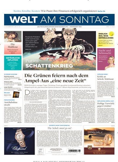 Titelbild der Ausgabe 46/2024 von Welt am Sonntag Gesamtausgabe. Diese Zeitschrift und viele weitere Zeitungsabos als Abo oder epaper bei United Kiosk online kaufen.