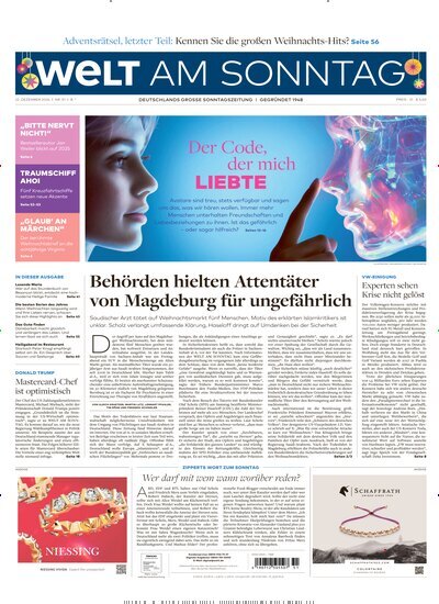 Titelbild der Ausgabe 51/2024 von Welt am Sonntag Gesamtausgabe. Diese Zeitschrift und viele weitere Zeitungsabos als Abo oder epaper bei United Kiosk online kaufen.