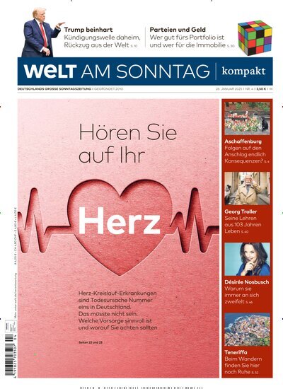 Titelbild der Ausgabe 4/2025 von Welt am Sonntag kompakt. Diese Zeitschrift und viele weitere Zeitungsabos als Abo oder epaper bei United Kiosk online kaufen.