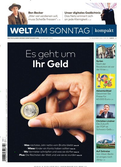 Titelbild der Ausgabe 50/2024 von Welt am Sonntag kompakt. Diese Zeitschrift und viele weitere Zeitungsabos als Abo oder epaper bei United Kiosk online kaufen.