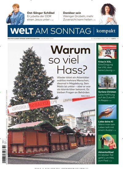 Titelbild der Ausgabe 51/2024 von Welt am Sonntag kompakt. Diese Zeitschrift und viele weitere Zeitungsabos als Abo oder epaper bei United Kiosk online kaufen.