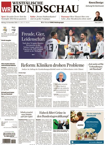 Titelbild der Ausgabe 270/2024 von Westfälische Rundschau. Diese Zeitschrift und viele weitere Zeitungsabos als Abo oder epaper bei United Kiosk online kaufen.