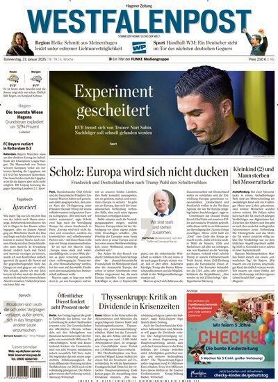 Titelbild der Ausgabe 19/2025 von Westfalenpost. Diese Zeitschrift und viele weitere Zeitungsabos als Abo oder epaper bei United Kiosk online kaufen.