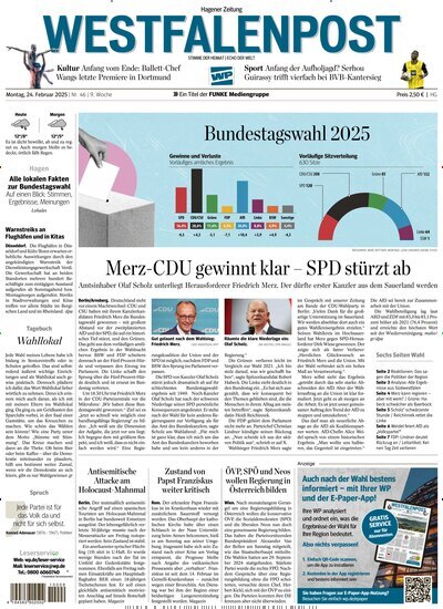 Titelbild der Ausgabe 46/2025 von Westfalenpost. Diese Zeitschrift und viele weitere Zeitungsabos als Abo oder epaper bei United Kiosk online kaufen.