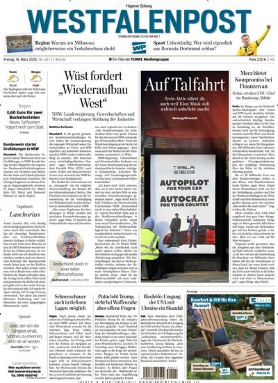 Titelbild der Ausgabe 62/2025 von Westfalenpost. Diese Zeitschrift und viele weitere Zeitungsabos als Abo oder epaper bei United Kiosk online kaufen.