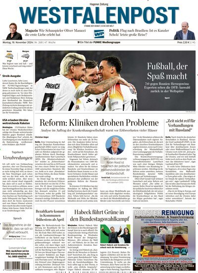 Titelbild der Ausgabe 270/2024 von Westfalenpost. Diese Zeitschrift und viele weitere Zeitungsabos als Abo oder epaper bei United Kiosk online kaufen.