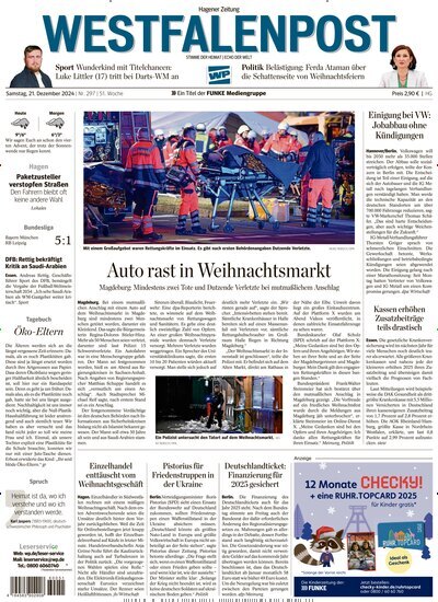 Titelbild der Ausgabe 299/2024 von Westfalenpost. Diese Zeitschrift und viele weitere Zeitungsabos als Abo oder epaper bei United Kiosk online kaufen.