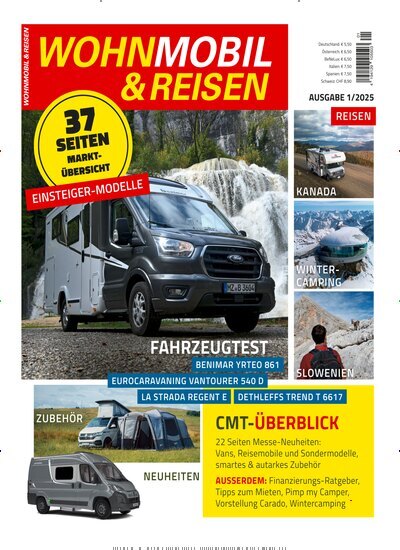 Titelbild der Ausgabe 1/2025 von Wohnmobil & Reisen. Diese Zeitschrift und viele weitere Automagazine und Motorradzeitschriften als Abo oder epaper bei United Kiosk online kaufen.