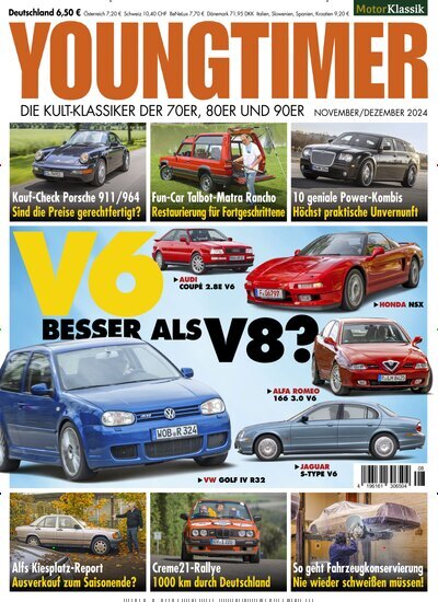 Titelbild der Ausgabe 8/2024 von Youngtimer. Diese Zeitschrift und viele weitere Automagazine und Motorradzeitschriften als Abo oder epaper bei United Kiosk online kaufen.